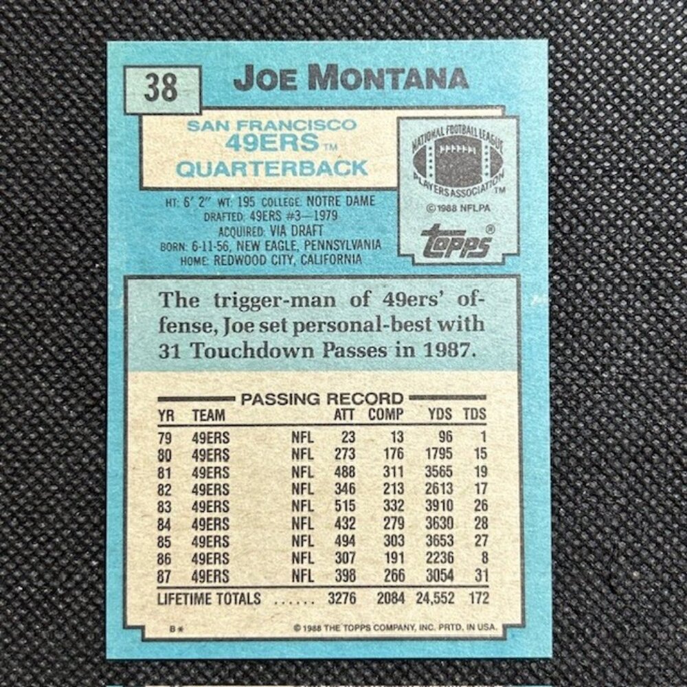 1988 TOPPS JOE MONTANA CARD #38 SAN FRANCISCO 49ERS - Picture 2 of 2